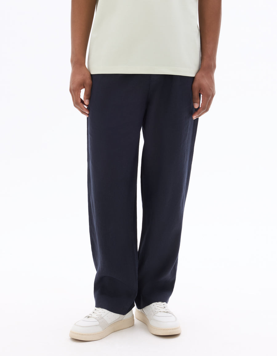 Loose Fit 100% Linen Solid Casual Trouser - Navy Blue