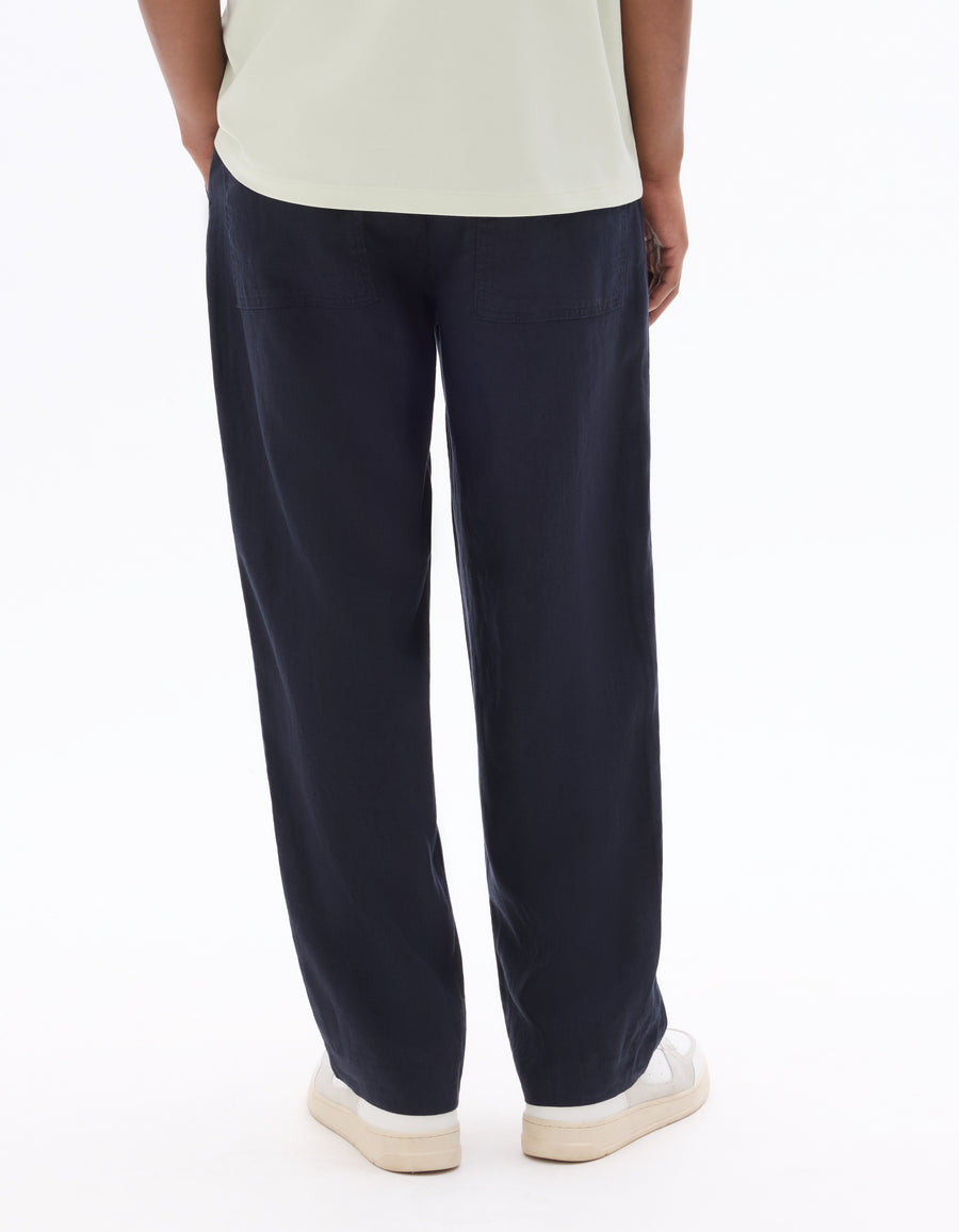 Loose Fit 100% Linen Solid Casual Trouser - Navy Blue