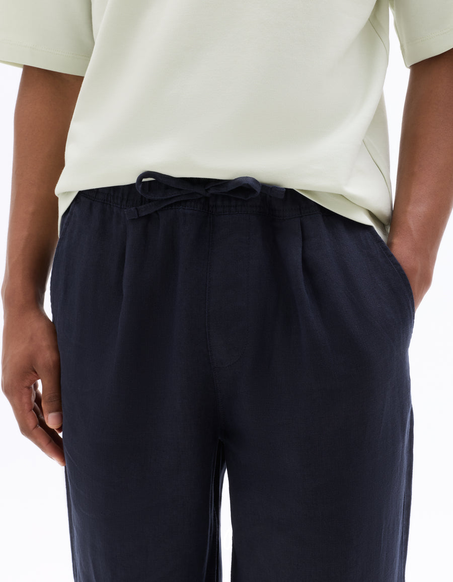 Loose Fit 100% Linen Solid Casual Trouser - Navy Blue
