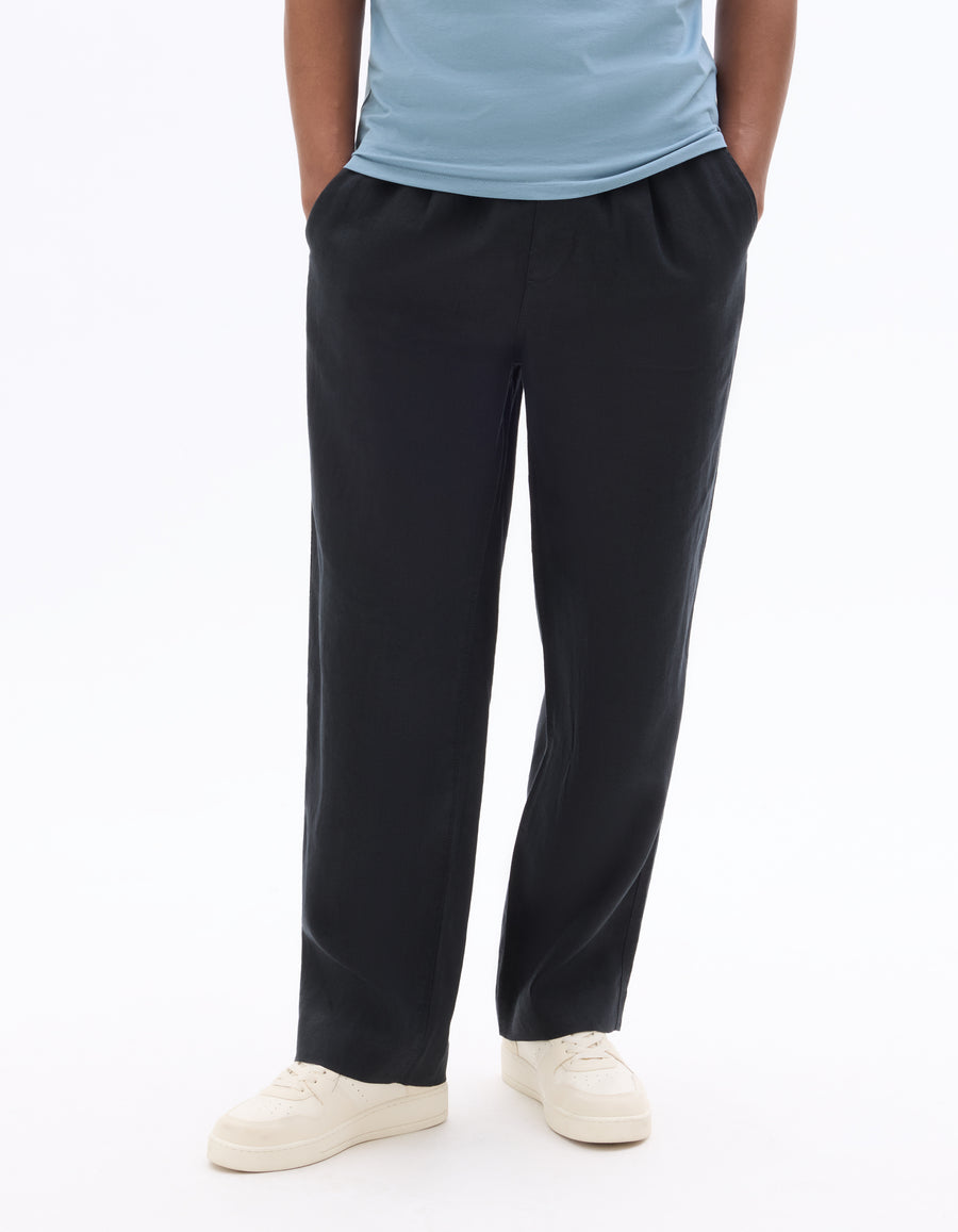 Loose Fit 100% Linen Solid Casual Trouser - Black