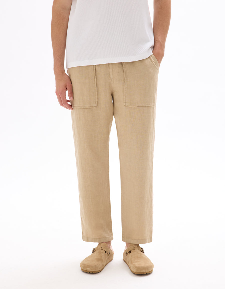 Straight Fit 100% Linen Solid Trousers - Beige