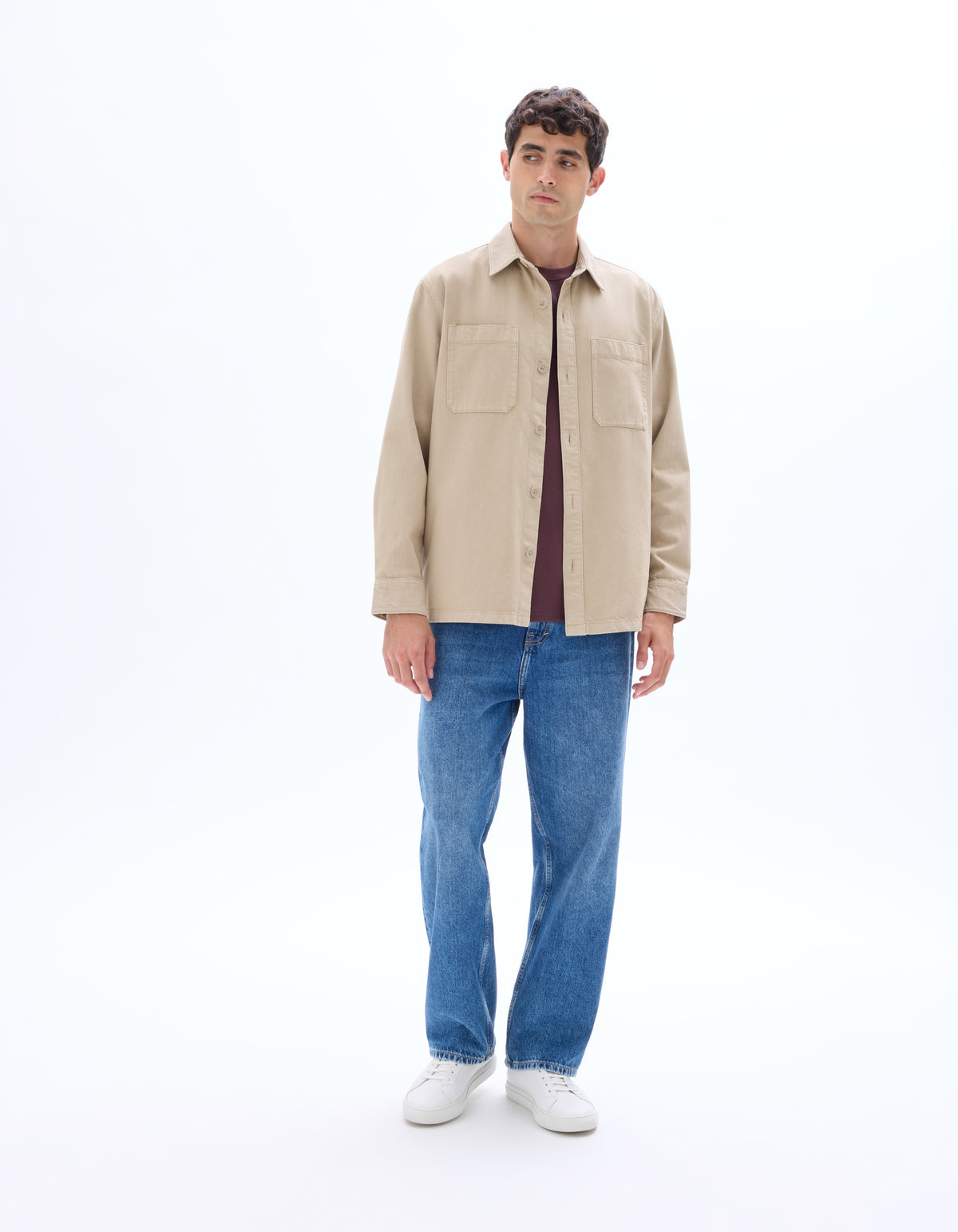 Overshirt Fit Cotton Spread Collar Shirt - Beige