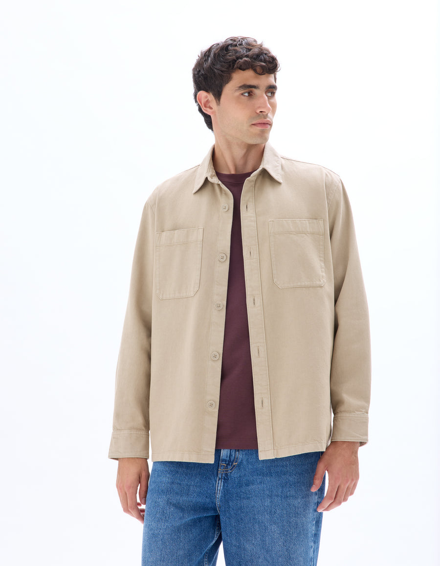 Overshirt Fit Cotton Spread Collar Shirt - Beige