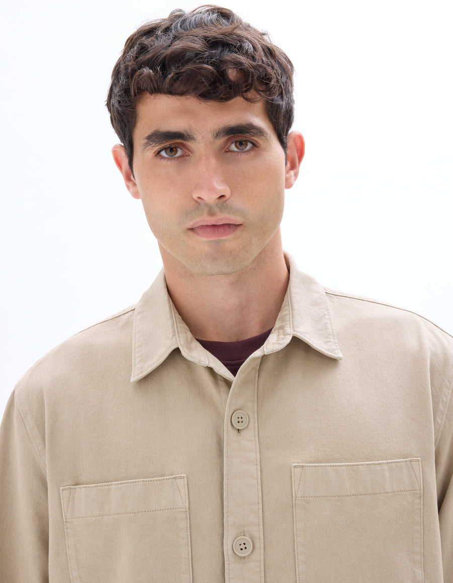 Overshirt Fit Cotton Spread Collar Shirt - Beige