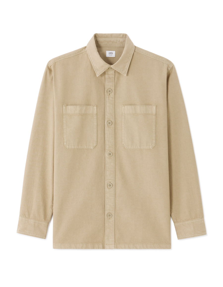 Overshirt Fit Cotton Spread Collar Shirt - Beige