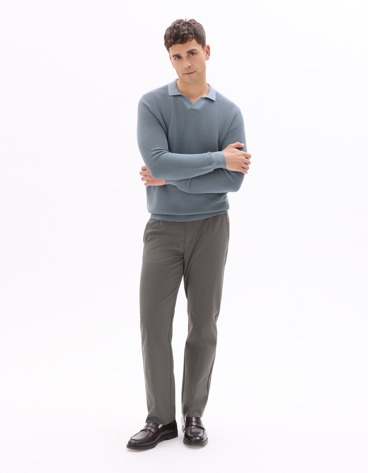Regular Fit 100% Cotton Textured Polo Collar Sweater - Grey