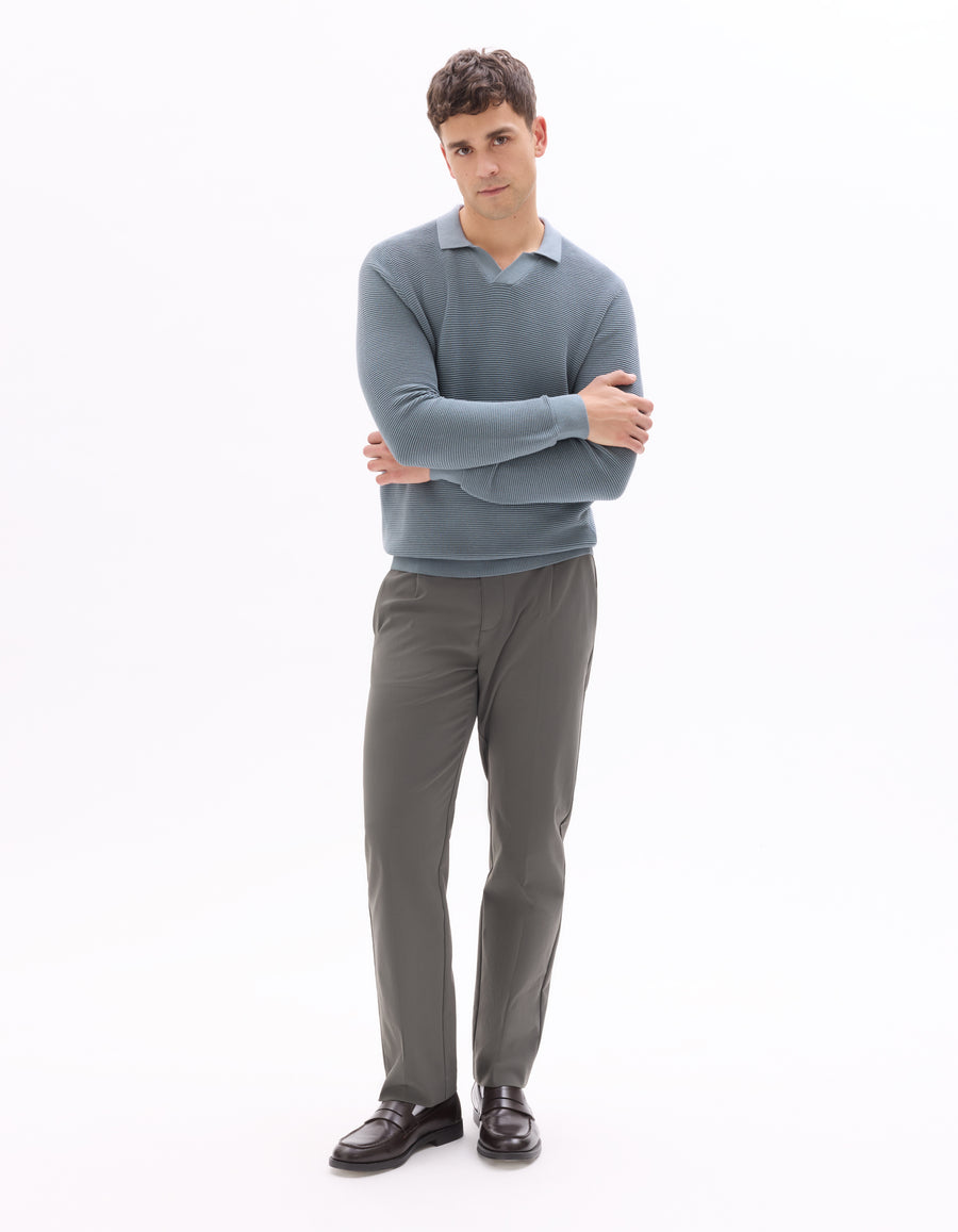 Regular Fit 100% Cotton Textured Polo Collar Sweater - Grey