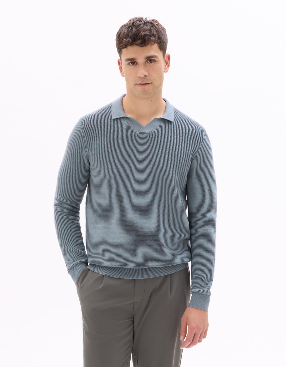 Regular Fit 100% Cotton Textured Polo Collar Sweater - Grey