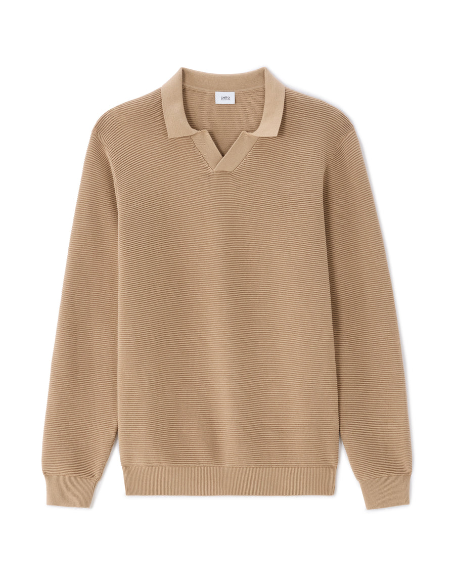 Regular Fit 100% Cotton Textured Polo Collar Sweater - Beige