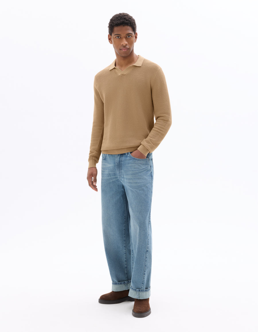 Regular Fit 100% Cotton Textured Polo Collar Sweater - Beige