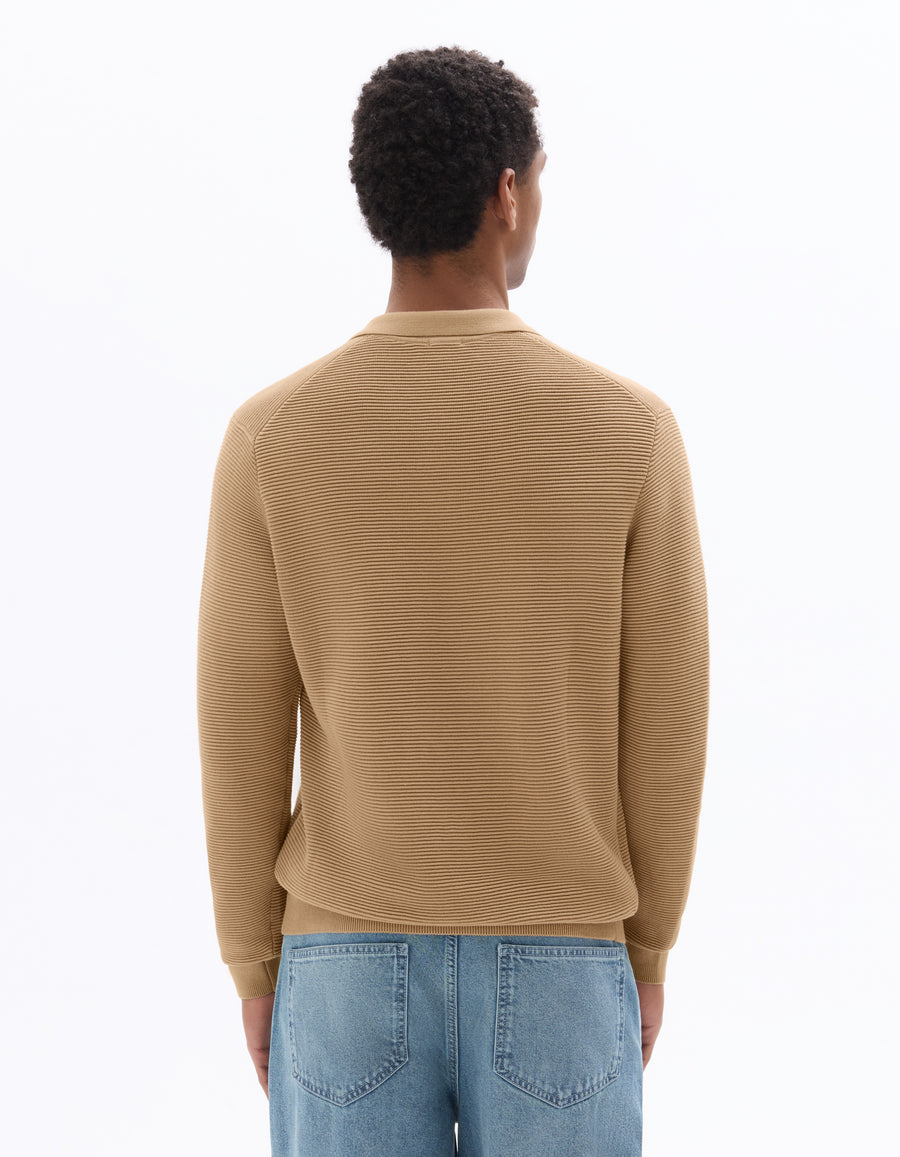 Regular Fit 100% Cotton Textured Polo Collar Sweater - Beige