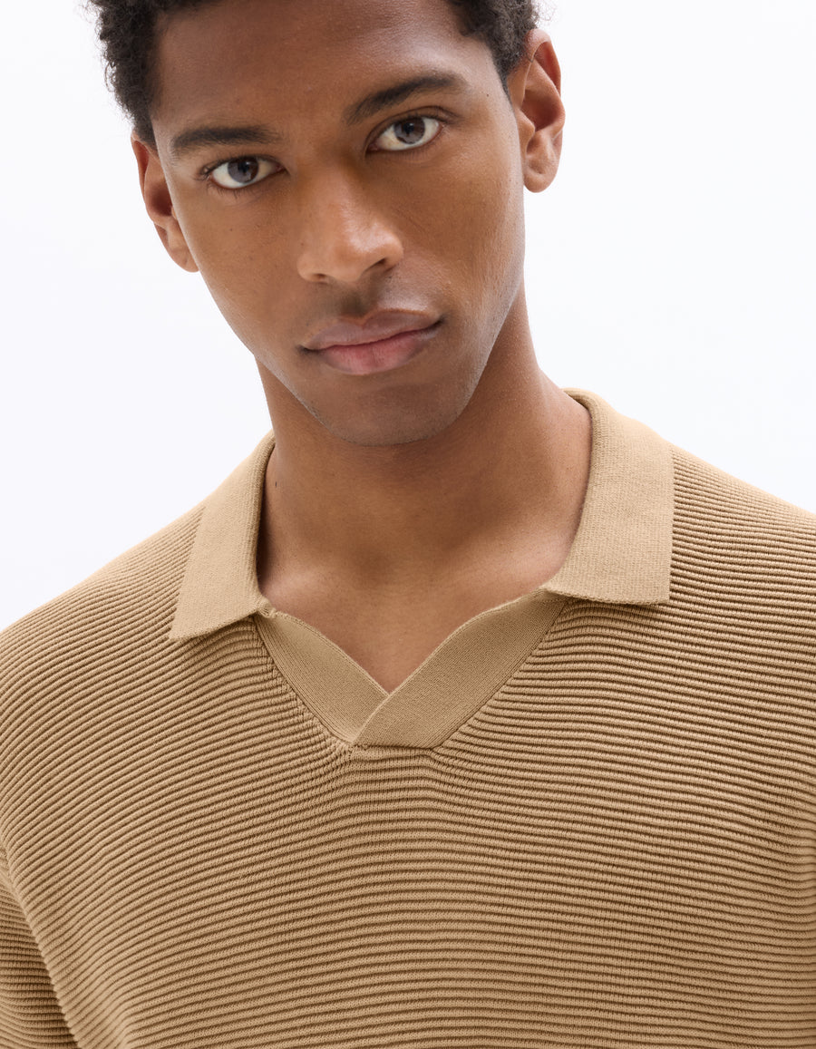 Regular Fit 100% Cotton Textured Polo Collar Sweater - Beige
