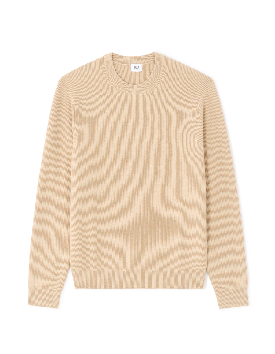 Regular Fit Poly-Cotton Textured Crew Neck Sweaters - Beige