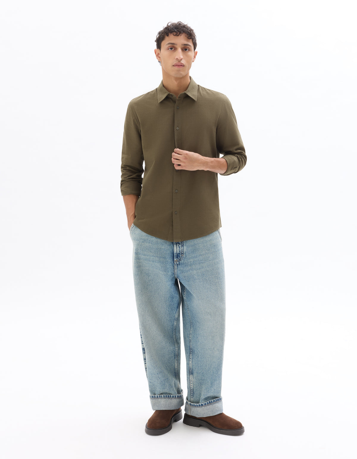 Regular Fit Cotton Spread Collar Shirt - Khaki