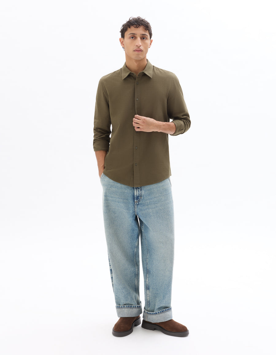 Regular Fit Cotton Spread Collar Shirt - Khaki