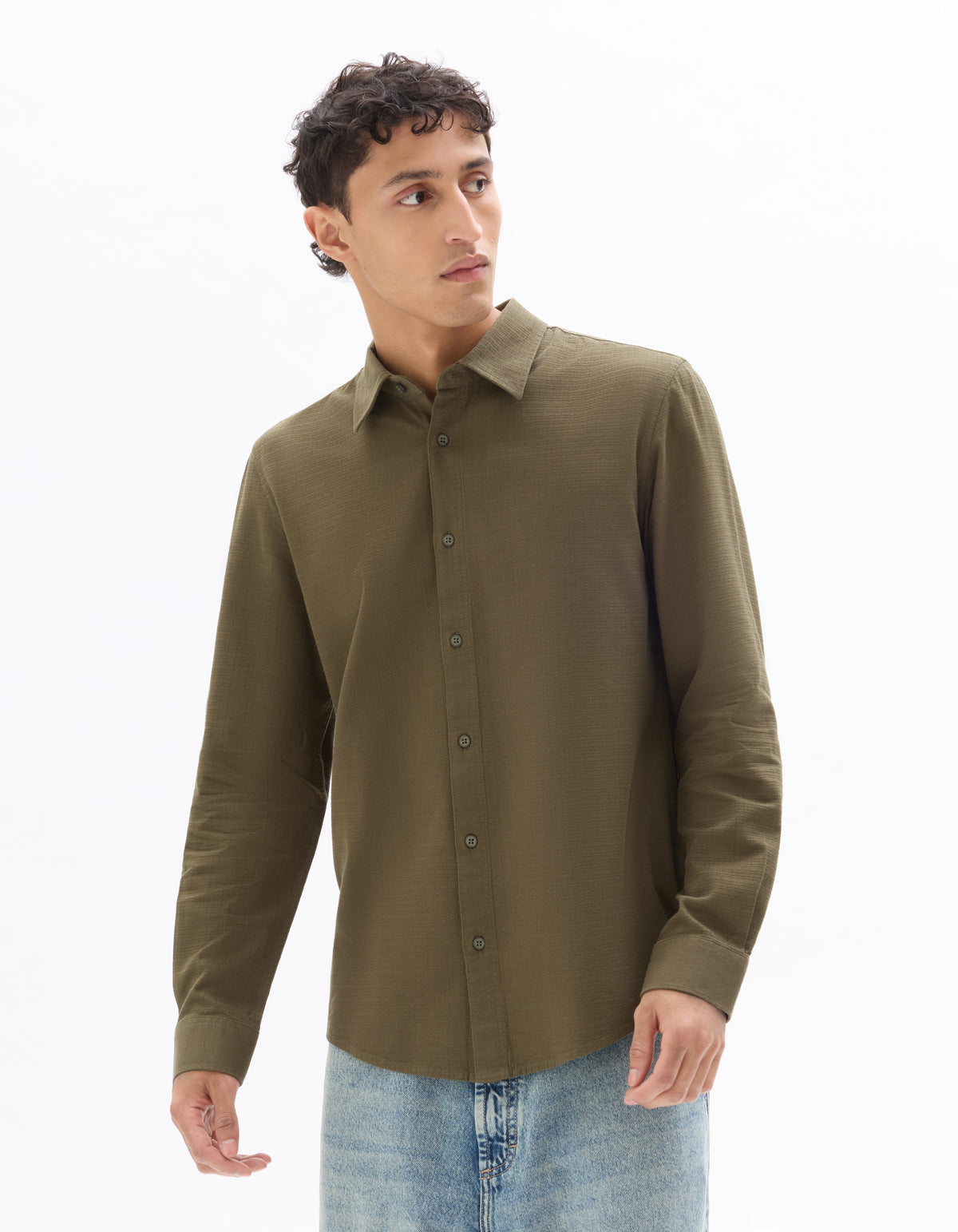 Regular Fit Cotton Spread Collar Shirt - Khaki