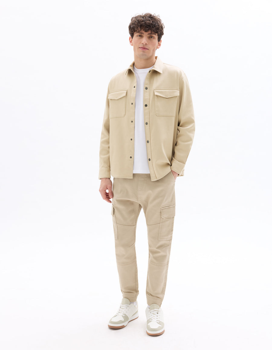 Oversized Fit Polyester Spread Collar Shirt - Beige