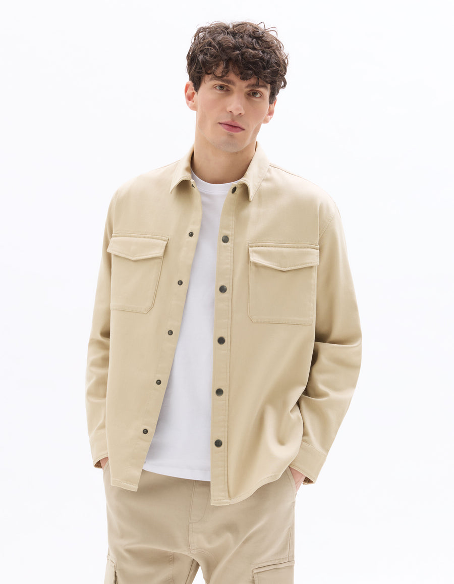 Oversized Fit Polyester Spread Collar Shirt - Beige