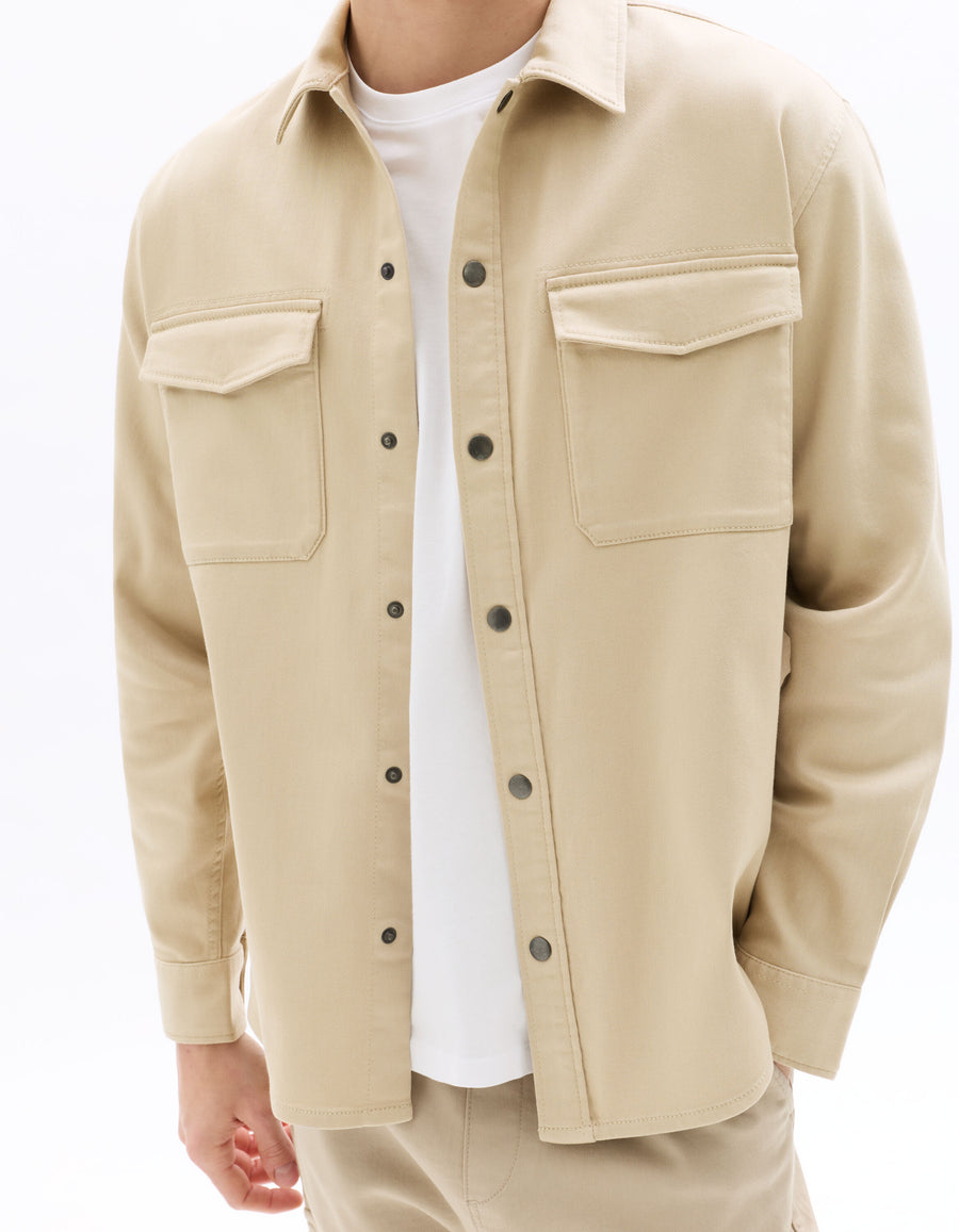 Oversized Fit Polyester Spread Collar Shirt - Beige