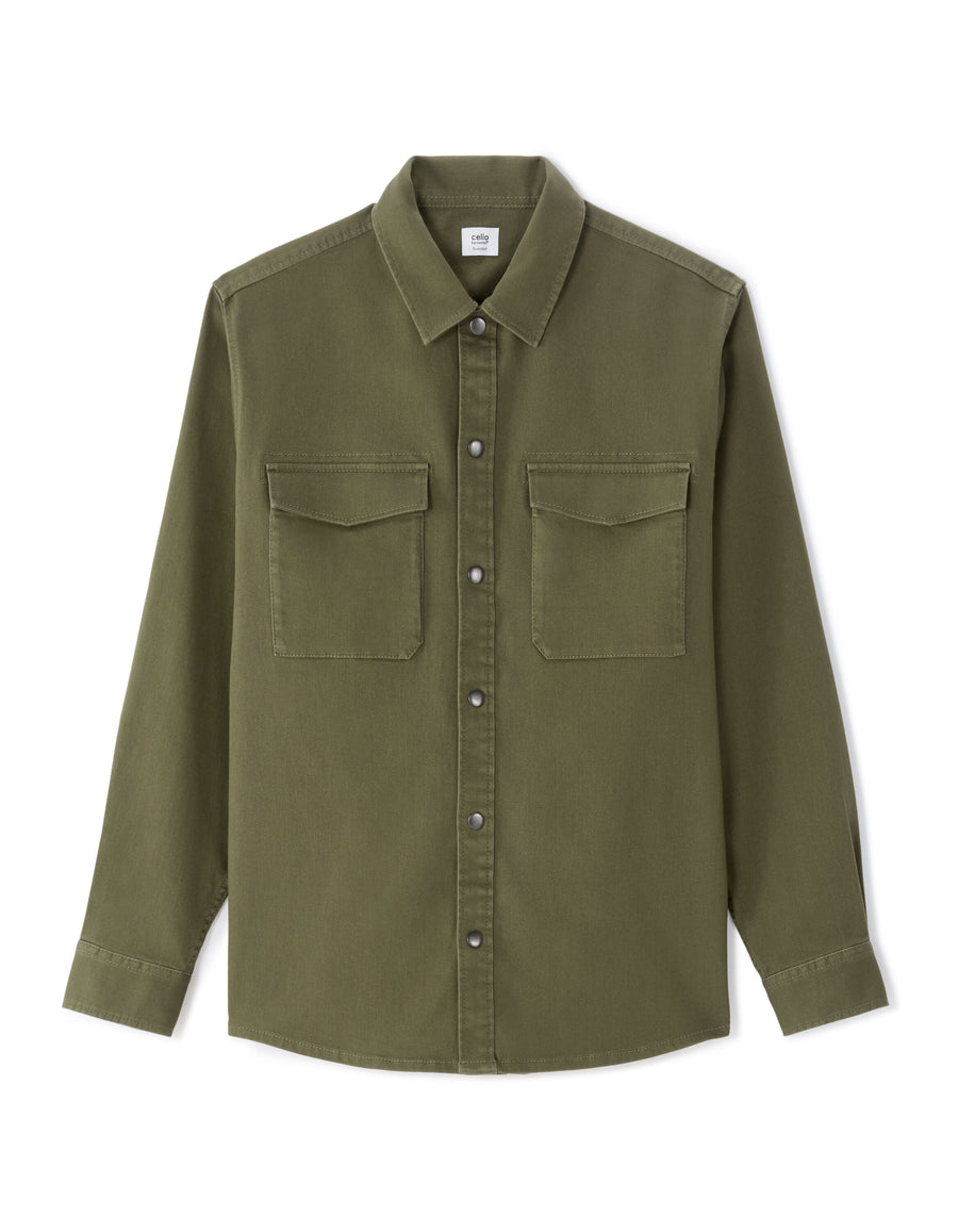 Oversized Fit Polyester Spread Collar Shirt - Khaki