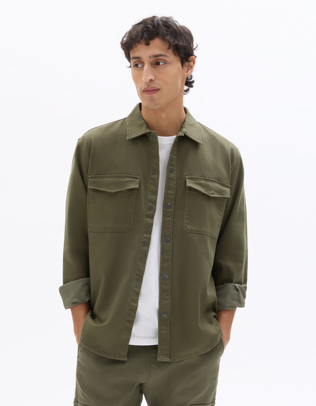 Oversized Fit Polyester Spread Collar Shirt - Khaki
