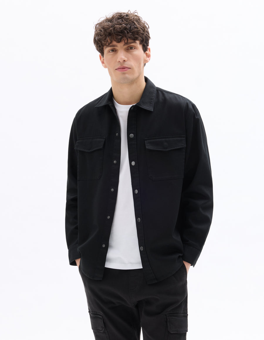 Oversized Fit Polyester Spread Collar Shirt - Black