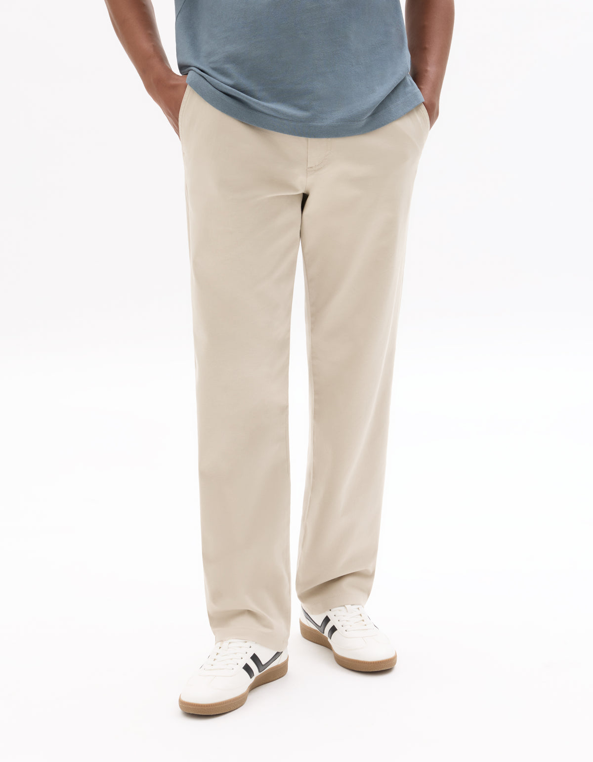 Straight Fit Stretch Cotton Trousers - Beige