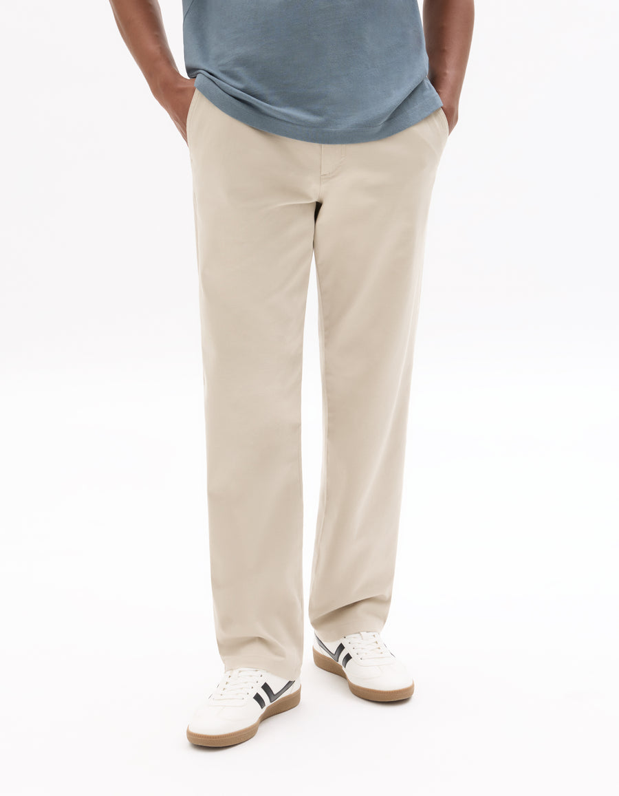 Straight Fit Stretch Cotton Trousers - Beige