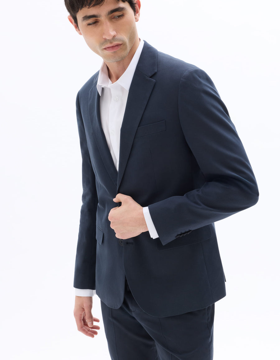 Slim Fit Cotton Lapel Collar Blazer - Navy Blue