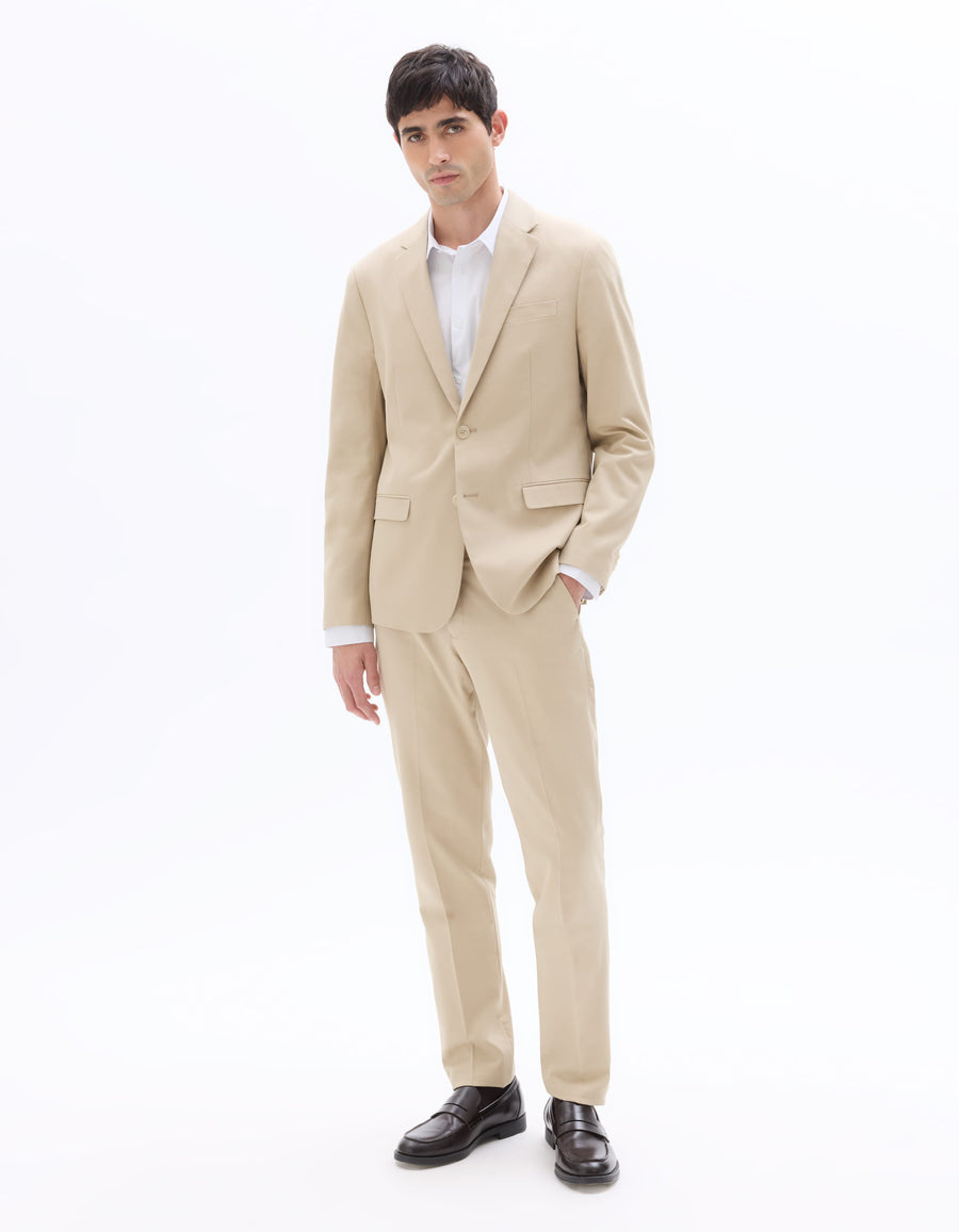 Slim Fit Cotton Lapel Collar Blazer - Beige