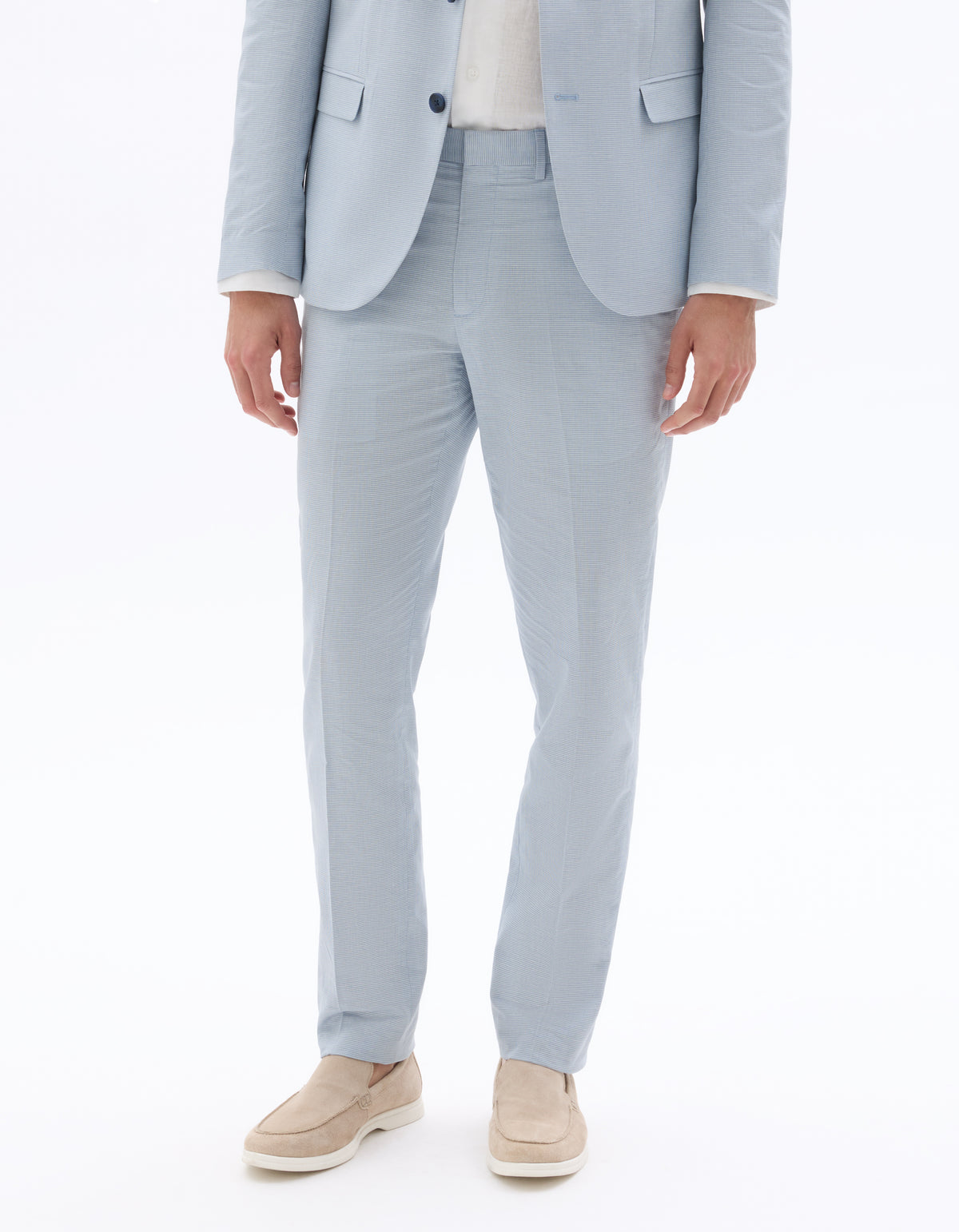 Slim Fit Cotton Linen Checked Formal Trousers - Light Blue