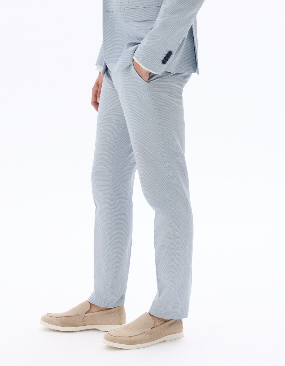 Slim Fit Cotton Linen Checked Formal Trousers - Light Blue