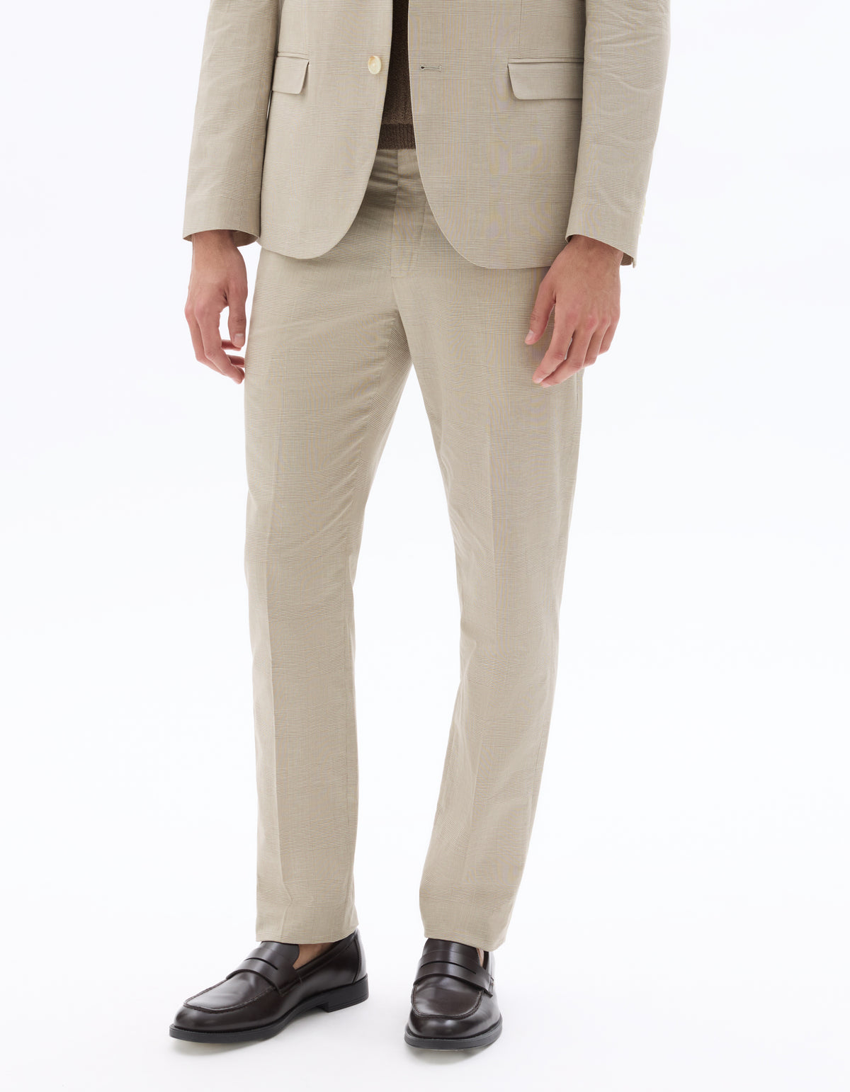 Slim Fit Cotton Linen Checked Formal Trousers - Beige