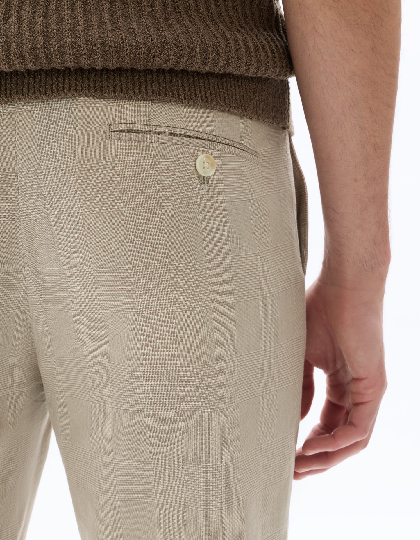 Slim Fit Cotton Linen Checked Formal Trousers - Beige