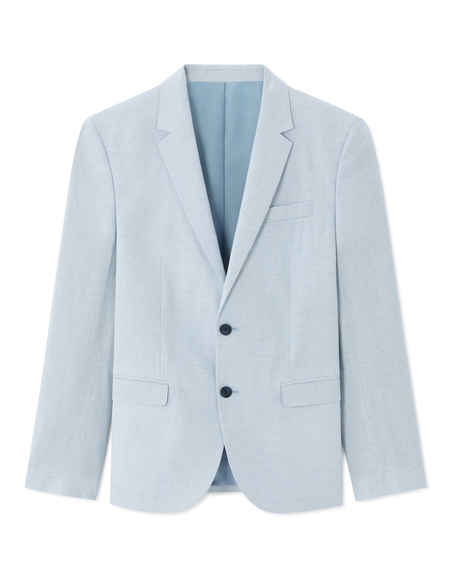 Slim Fit Cotton Linen Checked Blazer - Blue