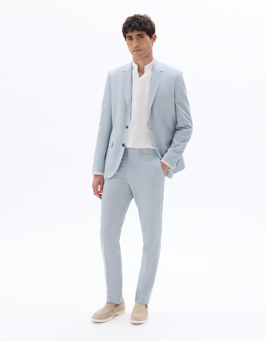 Slim Fit Cotton Linen Checked Blazer - Blue