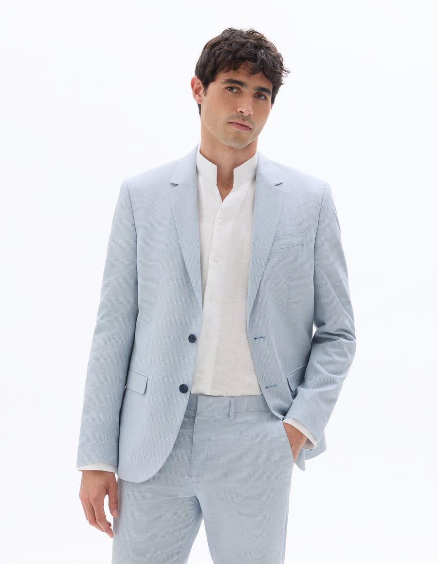 Slim Fit Cotton Linen Checked Blazer - Blue