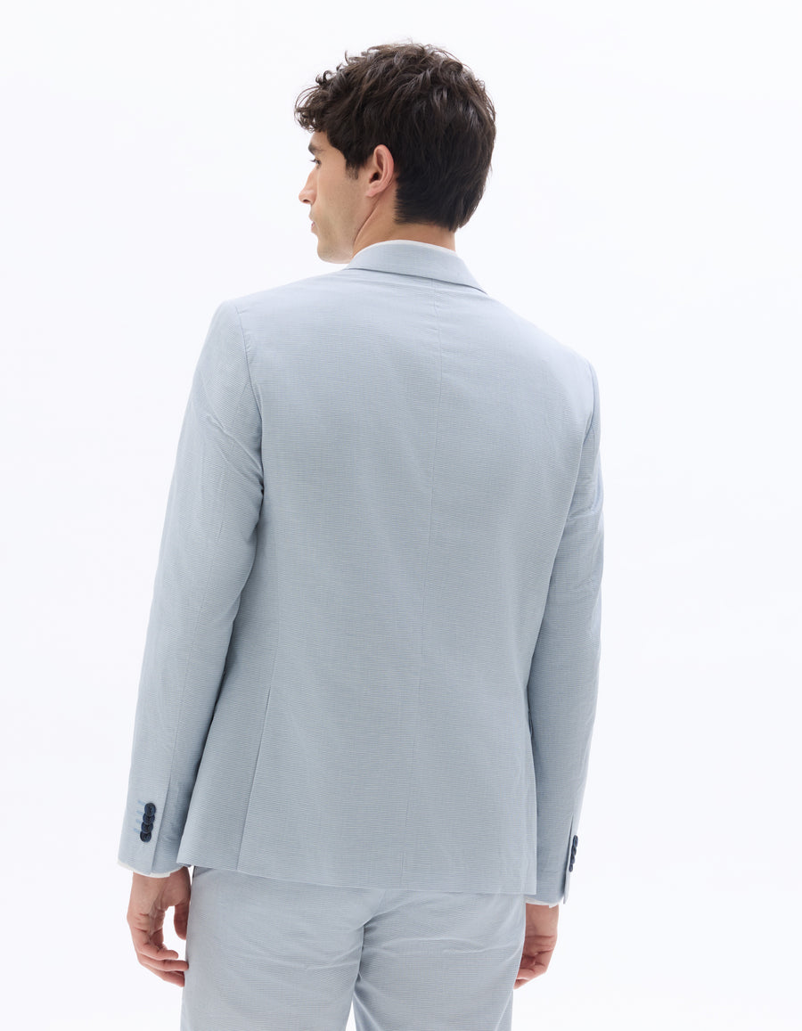 Slim Fit Cotton Linen Checked Blazer - Blue
