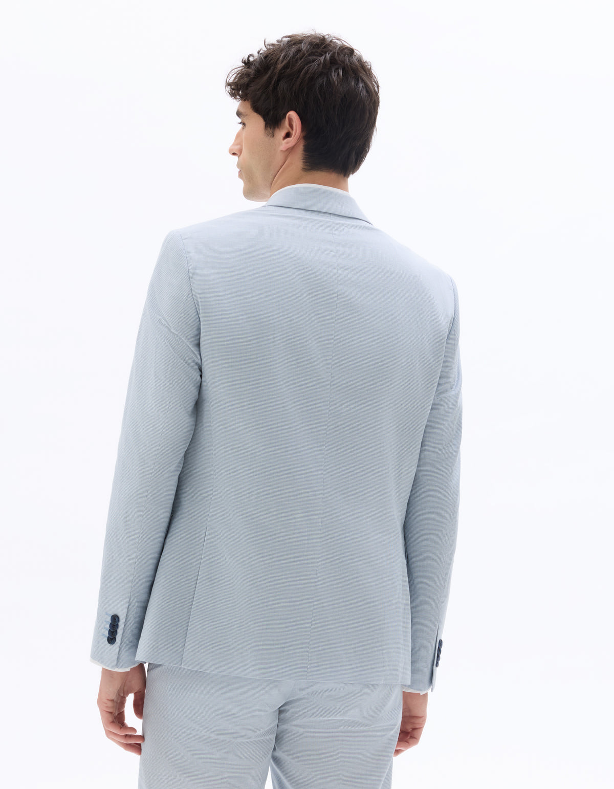 Slim Fit Cotton Linen Checked Blazer - Blue