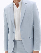 Slim Fit Cotton Linen Checked Blazer - Blue