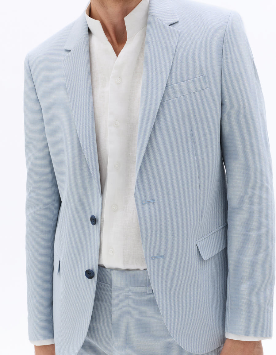 Slim Fit Cotton Linen Checked Blazer - Blue