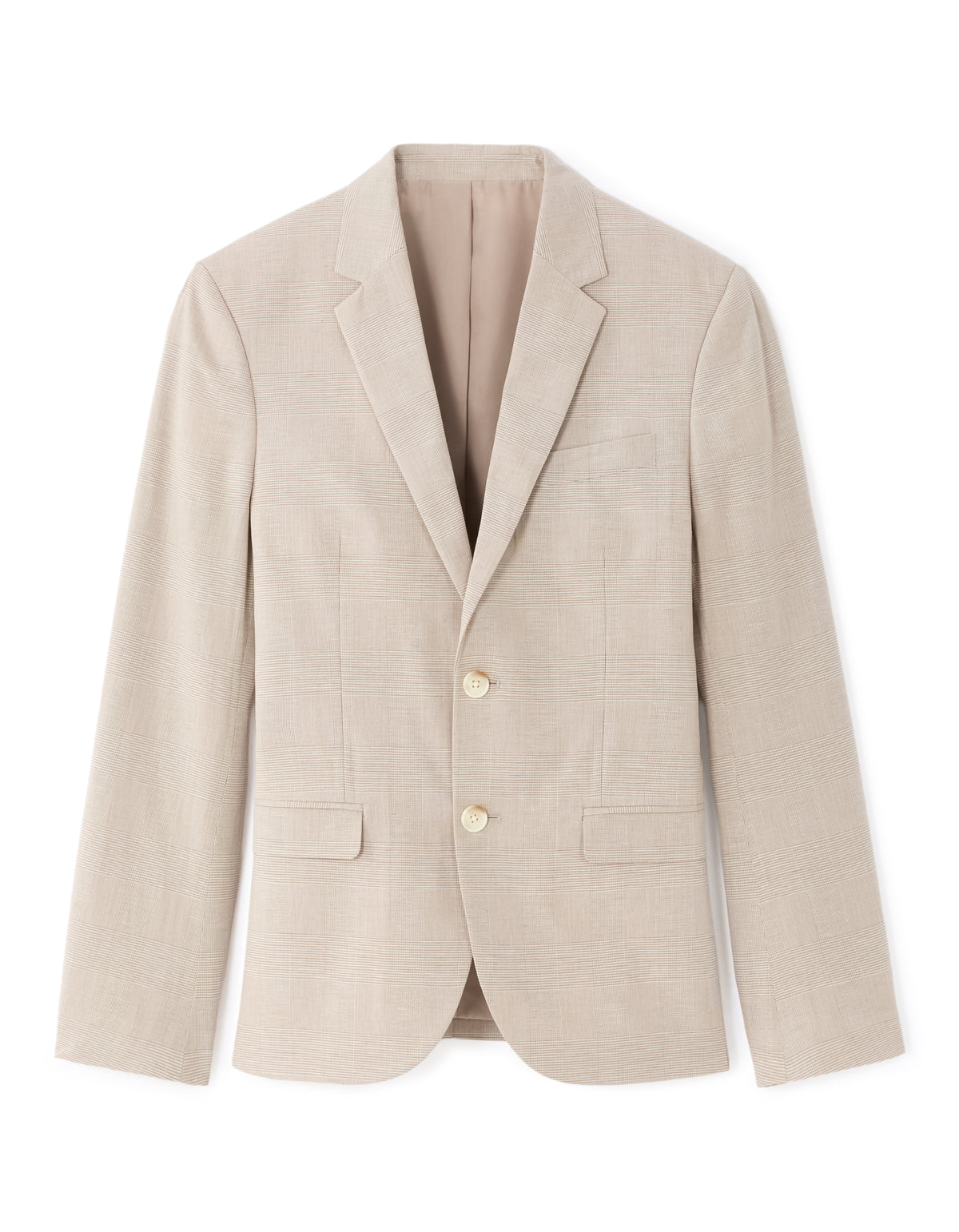 Slim Fit Cotton Linen Checked Blazer - Beige