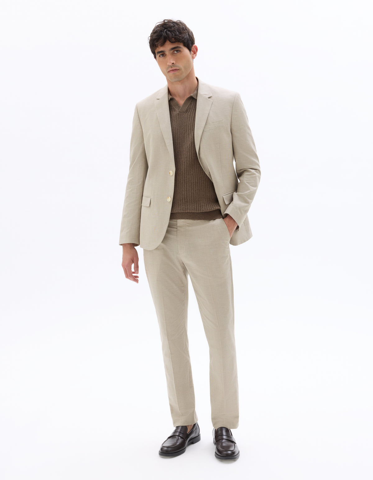 Slim Fit Cotton Linen Checked Blazer - Beige