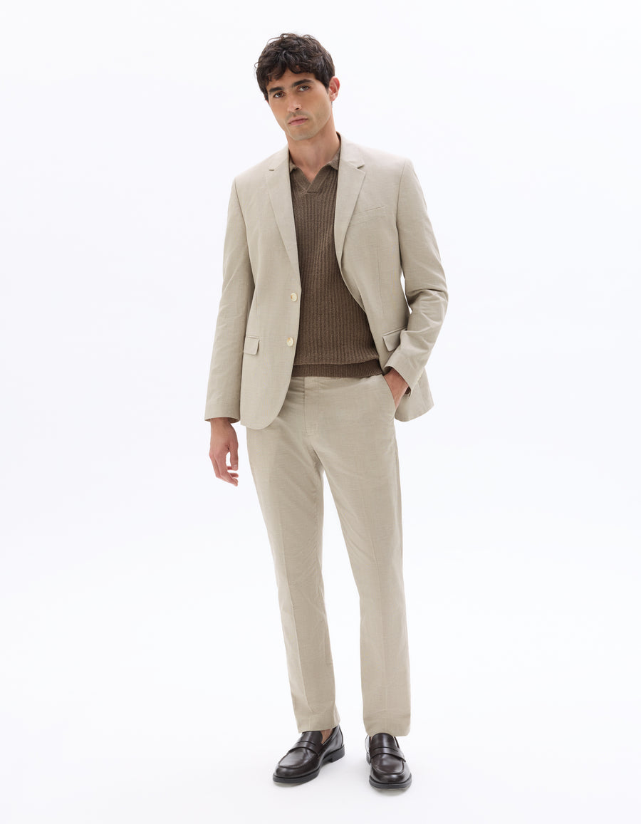 Slim Fit Cotton Linen Checked Blazer - Beige