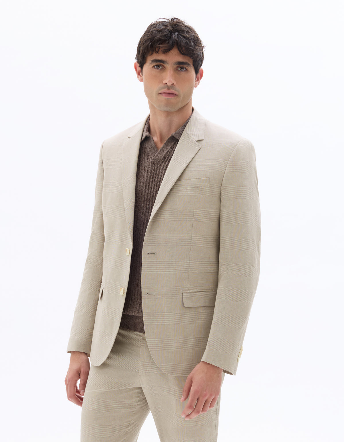 Slim Fit Cotton Linen Checked Blazer - Beige