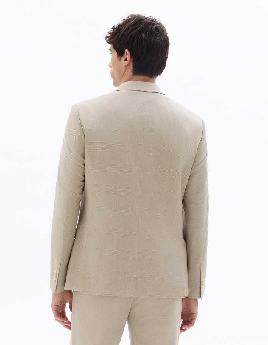 Slim Fit Cotton Linen Checked Blazer - Beige