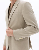 Slim Fit Cotton Linen Checked Blazer - Beige