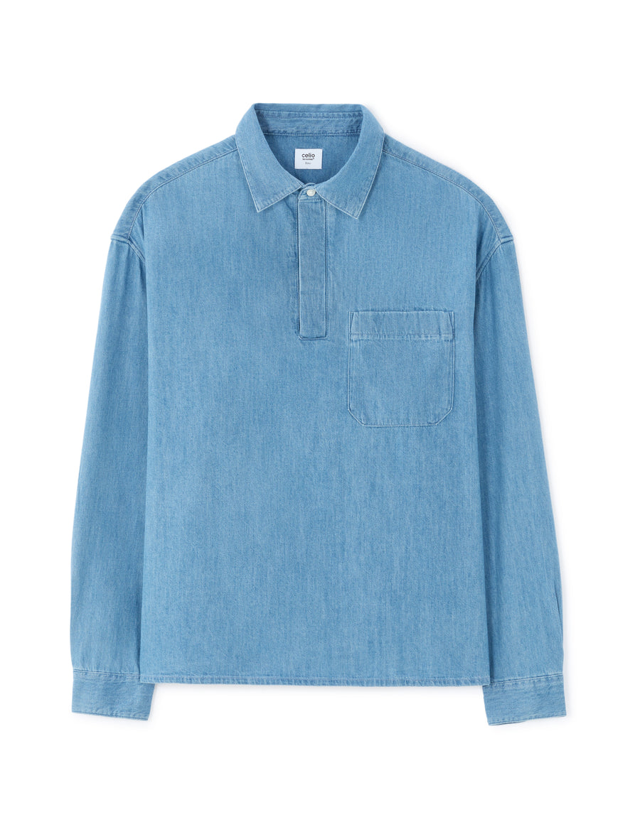 Boxy Fit 100% Cotton Twill Spread Collar Shirt - Blue