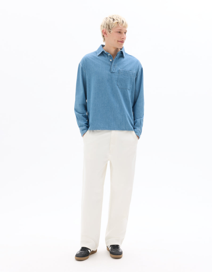 Boxy Fit 100% Cotton Twill Spread Collar Shirt - Blue