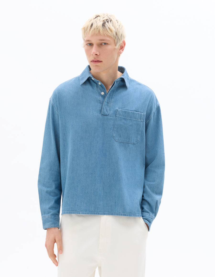 Boxy Fit 100% Cotton Twill Spread Collar Shirt - Blue